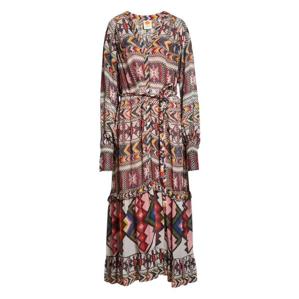 Farm Rio Amulet Maxi Dress Small Chiffon Blouson Long Sleeve Belted Pink